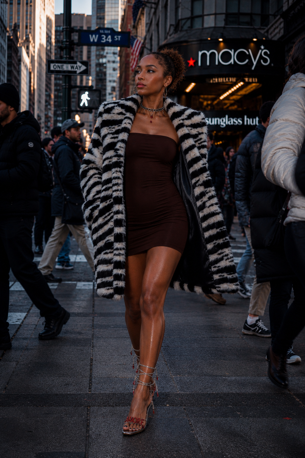 Model striding in ALIVE heels on a New York City street, zebra fur coat, brown mini dress